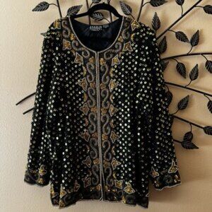 Vintage Jakelin Designs Women's Silk Beaded Black Gold Green Blouse Top Sz 2X